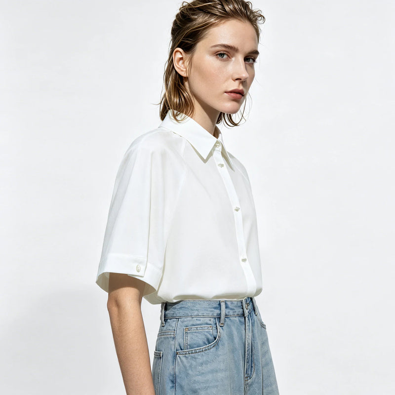 Amii White Women's Shirt 2026 Summer Lapel Collar Metal Button Dolman Sleeve Blouse Simple Loose Casual Top For Women 12642086