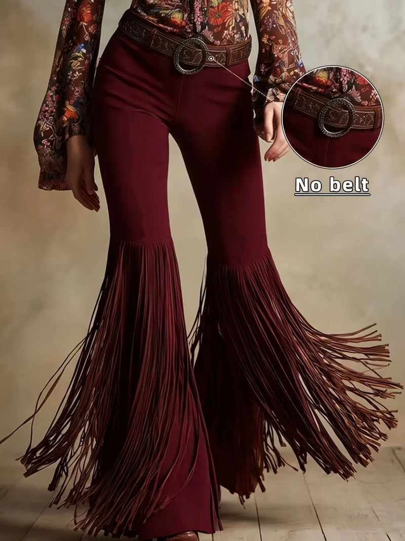 Women's Brown Flared Pants for Spring, Western-style Retro Trousers with Fringe Details, Available in Black, White, Burgundy.