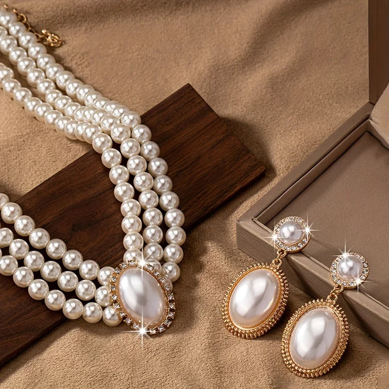 Stylish Imitation Pearl Necklace and a Pair of Stylish Imitation Pearl Pendant Earrings for Women's Set