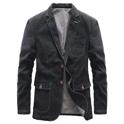 2026 New Men's Blue Denim Suit Jacket, Single-breasted V-neck Casual Coats, Black Gray Blazers S-XXXXL