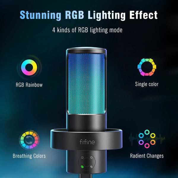 មីក្រូហ្វូន USB FIFINE Ampligame A8 PLUS ជាមួយ RGB ដែលអាចបញ្ជាបាន, កន្សោម 3 លំនាំប៉ូល 4, ប៊ូតុង Gain, រន្ធដោតមីក្រូហ្វូនផ្ទាល់ និងប៊ូតុងបិទសំឡេង
