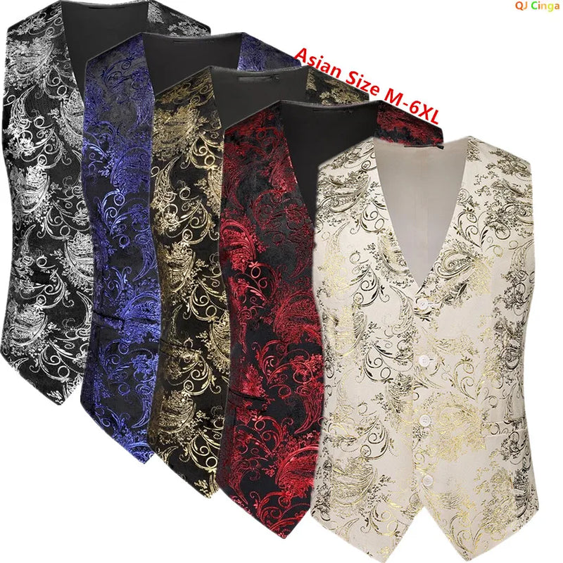 Men's Gold Printed Sleeveless Suit Vest, Red Single Breasted V-Neck Waistcoat, Wedding Party Vests, Asian Size M-6XL