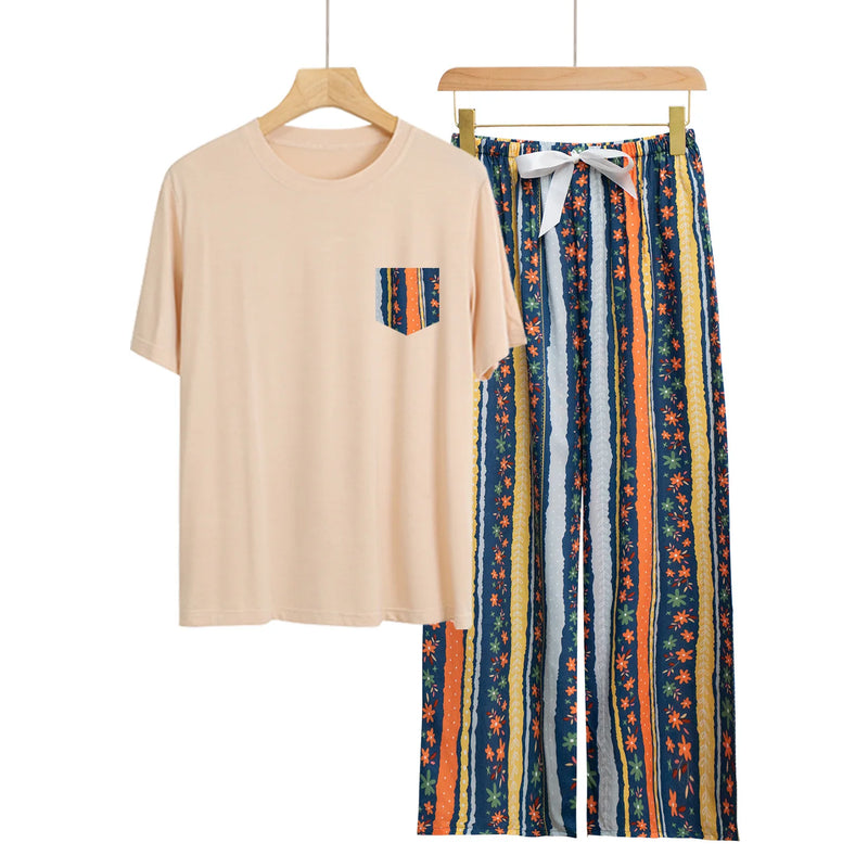 Fashion Printed Short Sleeve Straight Pants Set New Modal Comfort Woman Pajamas Loose Women's Home Clothes Spring Summer Pijama