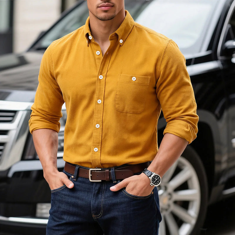 Men's Blue Long-sleeved Shirt, Corduroy Fabric Shirts, Asian-sized Fitted Top. Available in Red, Black, White, Green and Yellow.