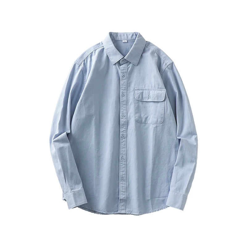 Dukeen Shirts for Men Spring and Autumn Pockets Cotton Solid Color White Plain Shirt Long-Sleeved Tops Mens Clothing