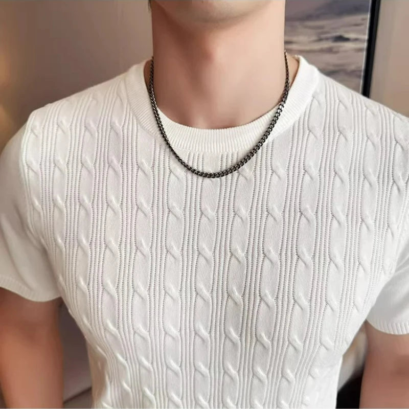 Men's Summer Slim Fit Knitted Polo Shirt - Mature Style Short Sleeve Grid Pattern Business Casual Top with Contrast Collar
