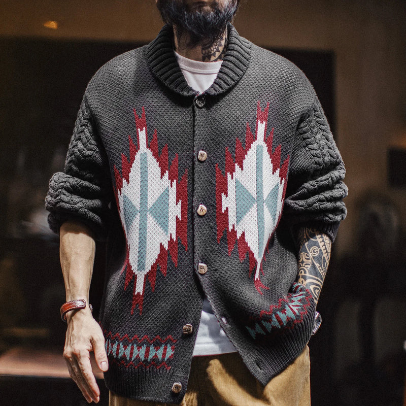 Maden Men’s Retro Cowichan Shawl Collar Cardigan Jacquard Knit Native Style Jacket Single-Breasted Fall and Winter Sweater Coat