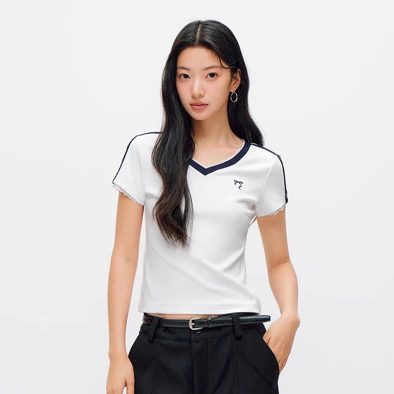 Semir Women Tshirt Cool Feeling Cropped Lace V Neck Slim Contrast Short Sleeve Summer 2026 Casual Fashion Style Top