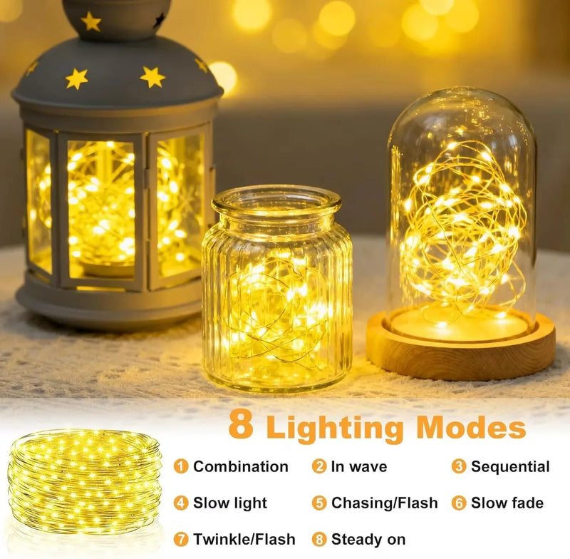 Waterproof String Lights Timer LED Twinkle Light Dimmable 8Lighting modes Rechargeable for Halloween Bedroom ChristmasTree Decor