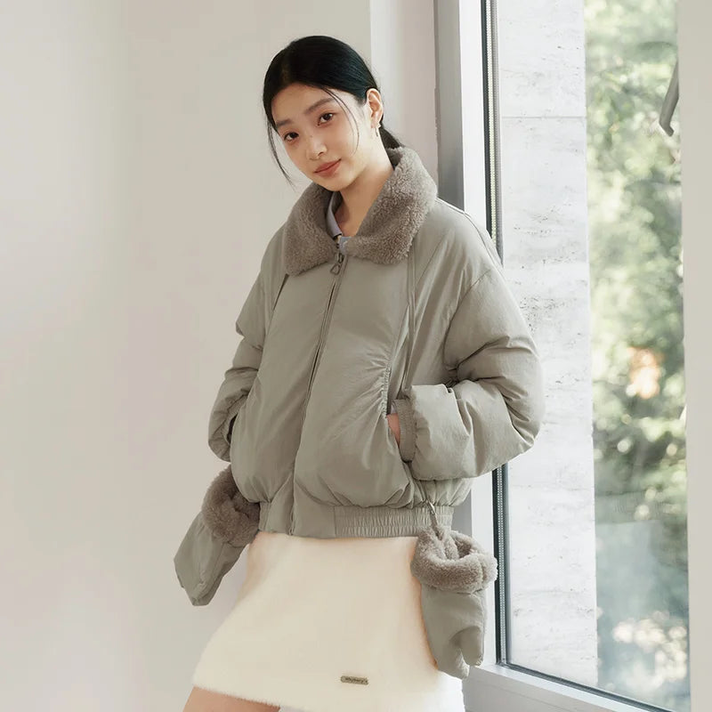 Semir Cotton Coat Women Winter Fleece Lapel Glove Loose Paneled Textured 2025 New Fashion Retro Casual Cotton Jacket