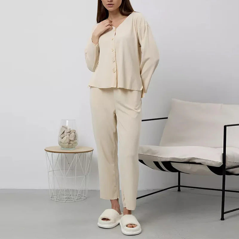 European Style Modal Pajamas Sets Women's Long Sleeves Sleepwear Spring Autumn Home Clothes Casual Pyjamas Femmes 2 Piece Set