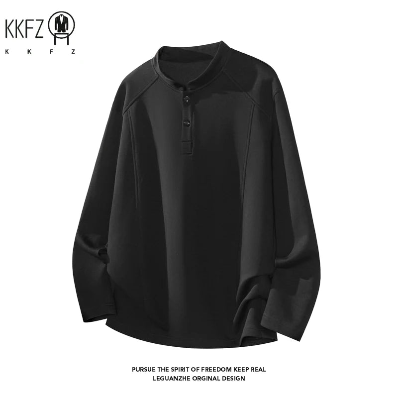 Male Raglan Sleeve Henley Pullover Stand Collar Two Button Long Sleeve Breathable Fabric Casual Travel Garment