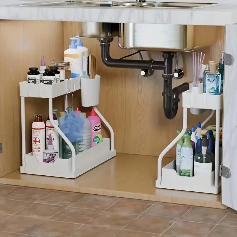 2-Tier Pull-Out Storage Drawers - Heavy-Duty Space Saving Organizer for Kitchen & Bathroom Essentials Bathroom Essentials