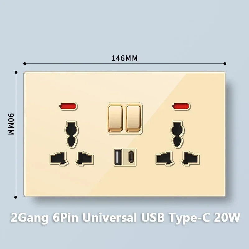 Deluxe Gold Tempered Glass Universal Dual power outlet,UK 13A Wall plug socket with 20W Fast charge,Home Electrical Light Switch