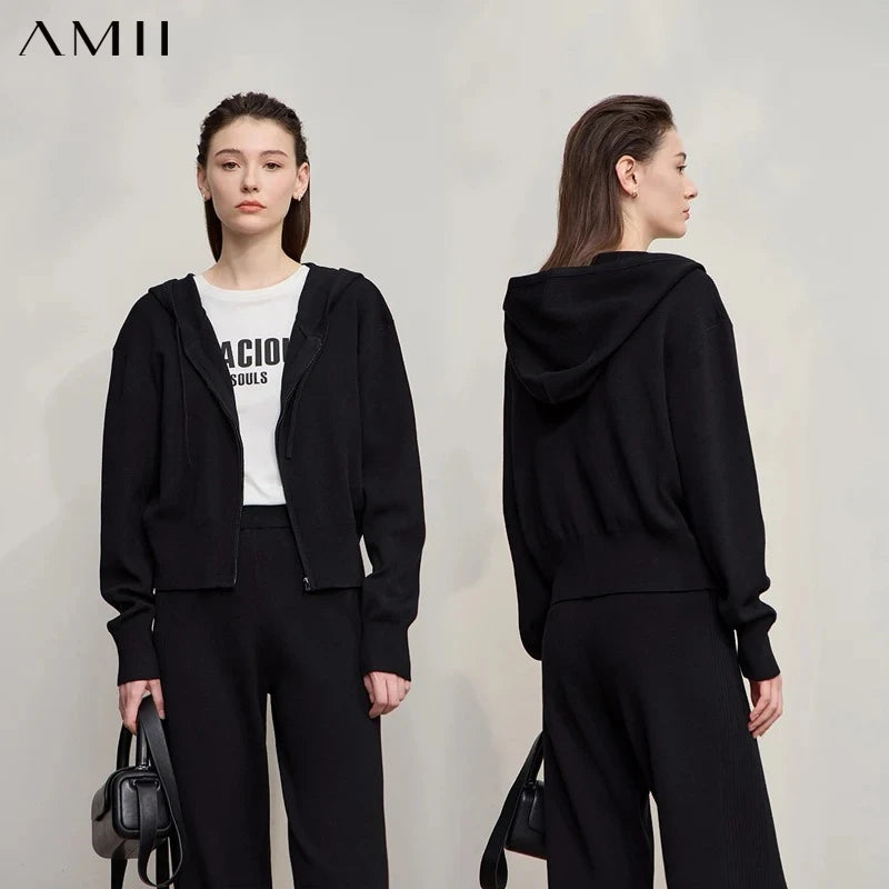 AMII Women's Cardigan 2026 Autumn New Loose Hooded Long-sleeved Sweater Zipper Wide-leg Versatile Sweatpants for Woman 12543215