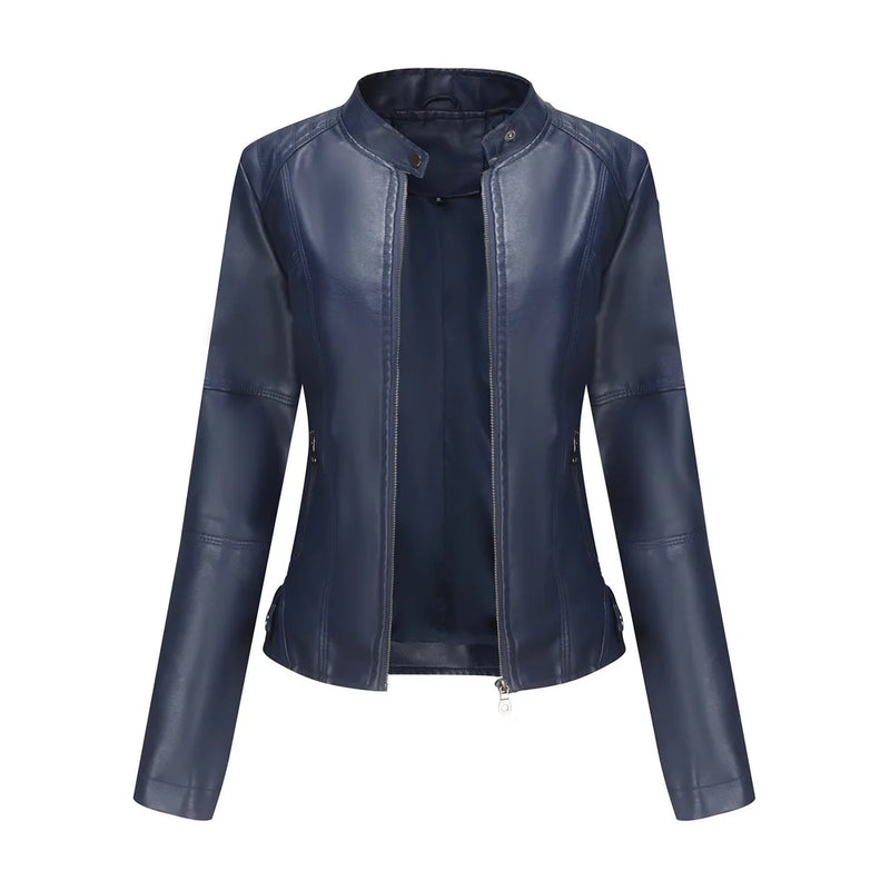 2026 Spring Women's Long-Sleeve Faux Leather Jacket Zip-Up Stand Collar PU Outerwear Available in Red, Black, Purple, Blue Coat.