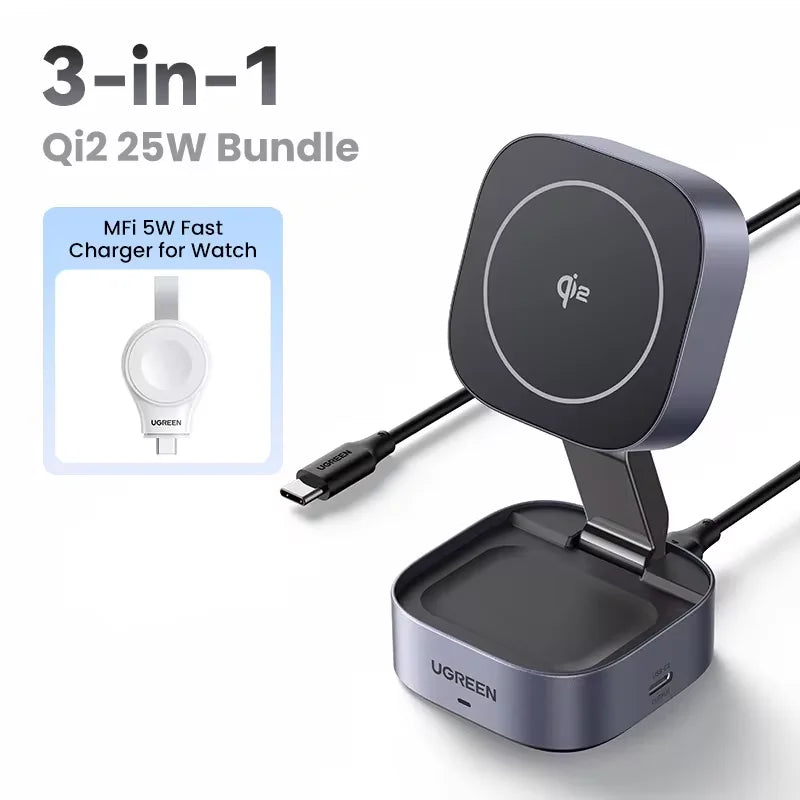 UGREEN Qi2 15W Magnetic Wireless Charger Stand 2-in-1 Charging Stand For iPhone 16 17 Pro Max/AirPods For MagSafe Fast Charger