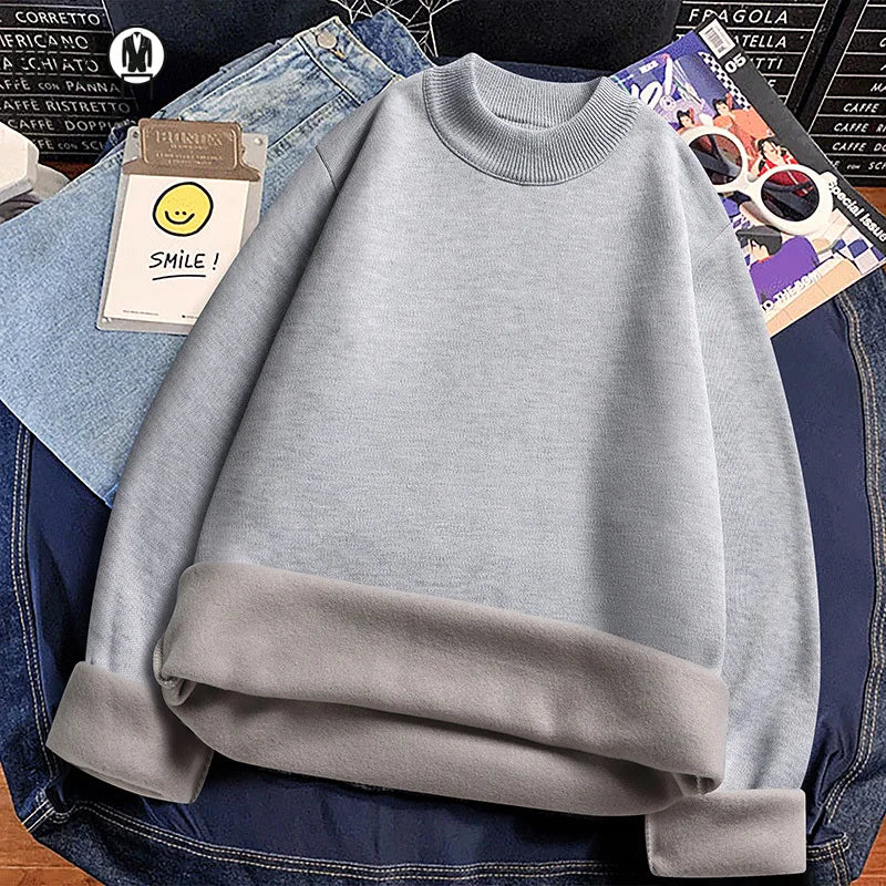 Male Everyday Wear Knitted Pullover Mock Collar Thick Fleece Lining Long Sleeve Warm Sweater For Chilly Weather