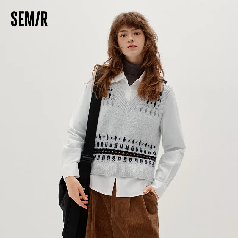 Semir Women Winter Shirt Geometric Jacquard Loose Fit Brushed Fabric Turn Down Collar Commuter Style Two Piece Layering