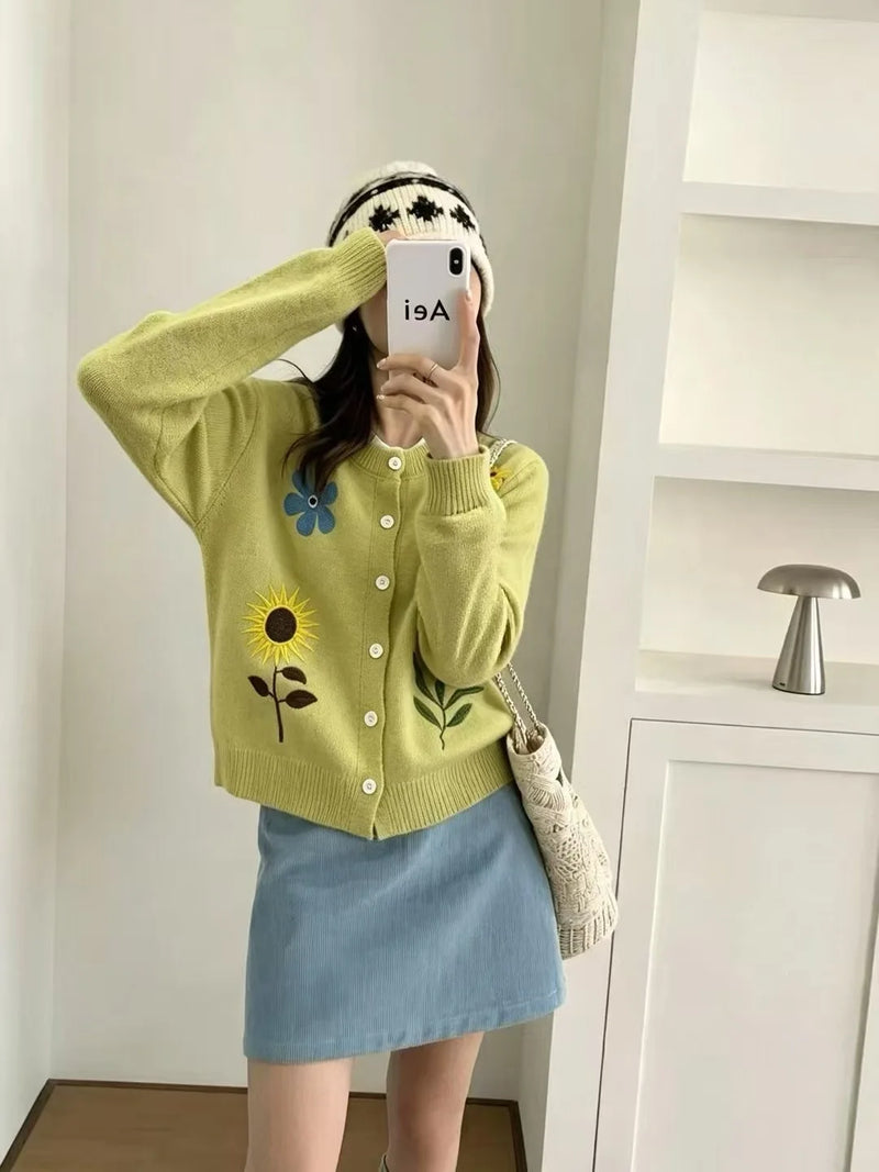 French Retro Embroidered Flower Knitted Cardigan Coat Spring Autumn New Versatile Sweater Women's Jacket Knitwear Clothing