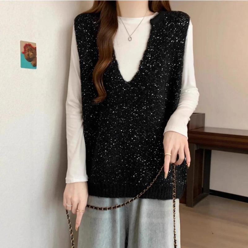 2026 V-neck Sequined Vest Large Size Women's Clothing Spring and Autumn Loose Sleeveless Top Knitwear Ladies Sweater Waistcoat