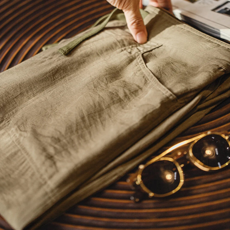 ខោ Maden បុរស Vintage Chino ខោស្រាលលាយក្រណាត់ Linen ជាមួយនឹងចង្កេះយឺត ខោ Khaki Baker សម្រាប់រដូវក្តៅ និងរដូវស្លឹកឈើជ្រុះ