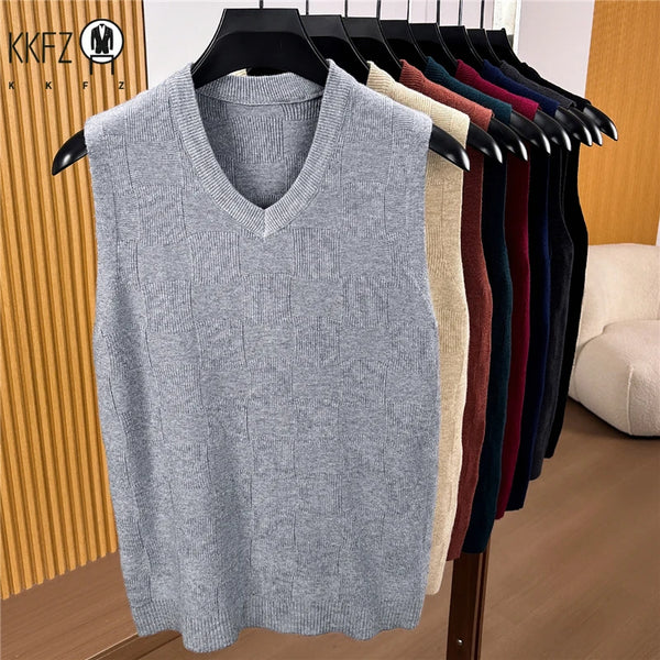 Mens Lightweight Jacquard Knitted Sleeveless Vest V Neck Textured Sweater Tank Top For Daily Commute And Business Matching