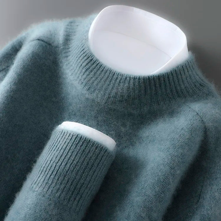 100% Australian Wool Men's New Half Turtleneck Sweater, Flat Seven-Needle Thickened Saddle Shoulder Half High Pullover