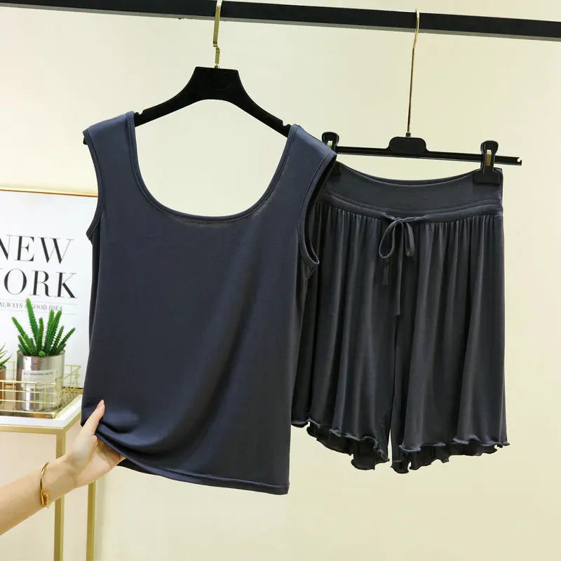 Women's Pajamas Modal Wide Shoulder Double U-neck Vest Shorts Two-piece Set Loose Plus Size Home Suit  Pijama Mujer M-6XL