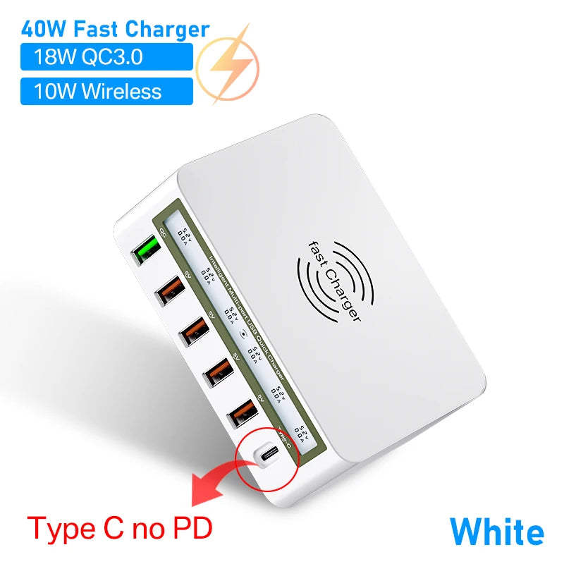 ឆ្នាំងសាក USB 6 រន្ធ សាកលឿន ឆ្នាំងសាកឥតខ្សែ អាដាប់ទ័រឆ្នាំងសាកលឿន USB C PD ឆ្នាំងសាកទូរស័ព្ទ សម្រាប់ iPhone 13 12 11 Samsung Huawei