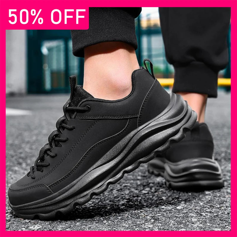Men Sports Shoes Trendy Black Leather Comfortable Breathable Thick Bottom Rebound Youth Daily Wear Outdoor Running Casual Shoes