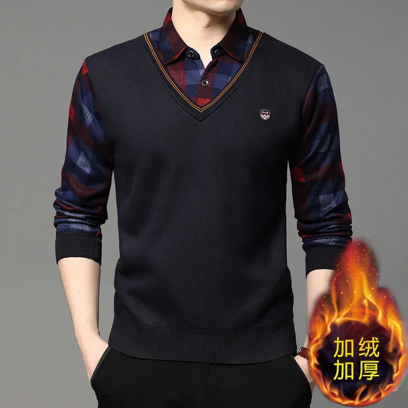 Slim Fit Fake Two Piece Sweater Men Stretch Knit Thermal Fleece Lined Plaid Long Sleeve Collared Office Travel Outfit