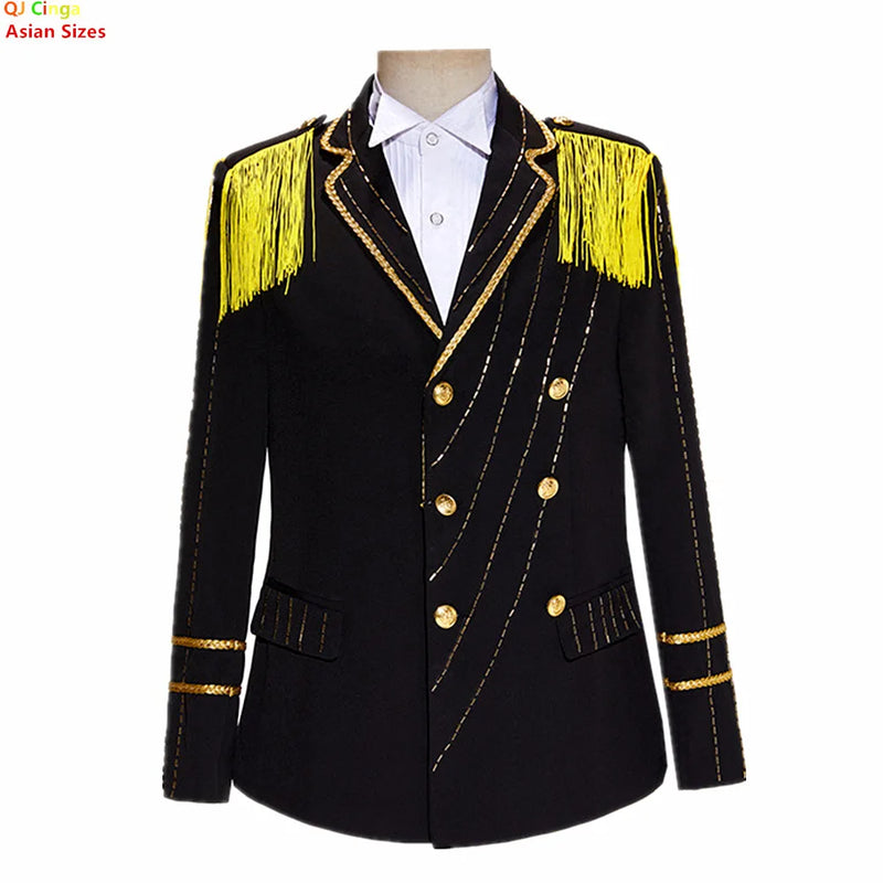 Men's Black Blazer with Fringe Detailing on The Shoulders, Perfect for Stage, Bar, or Singer Gold-buttoned suit Jacket.