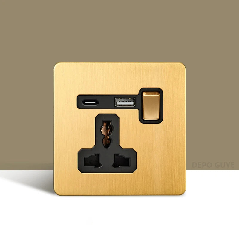 Retro Wall Light Toggle Switch Dual EU FR Socket Gold Stainless Steel Brushed Panel  Vintage Brass Lever For Home Improvement