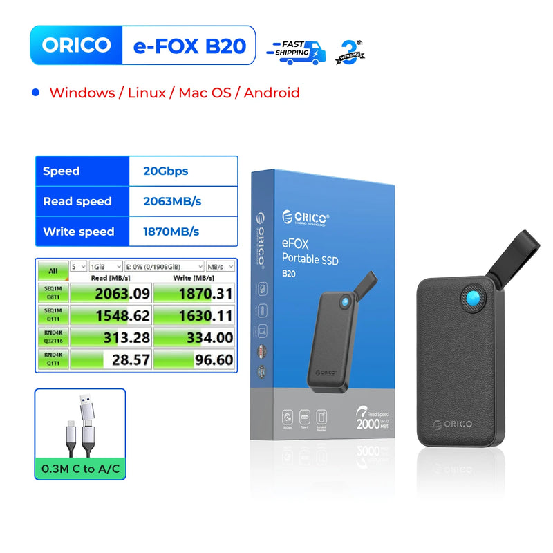 ORICO 2TB Portable SSD Up to 2000MB/s USB 3.2 Gen 2x2 Ultra-Mini Compact with 2 in 1 USB C Cable, External Solid State Drive