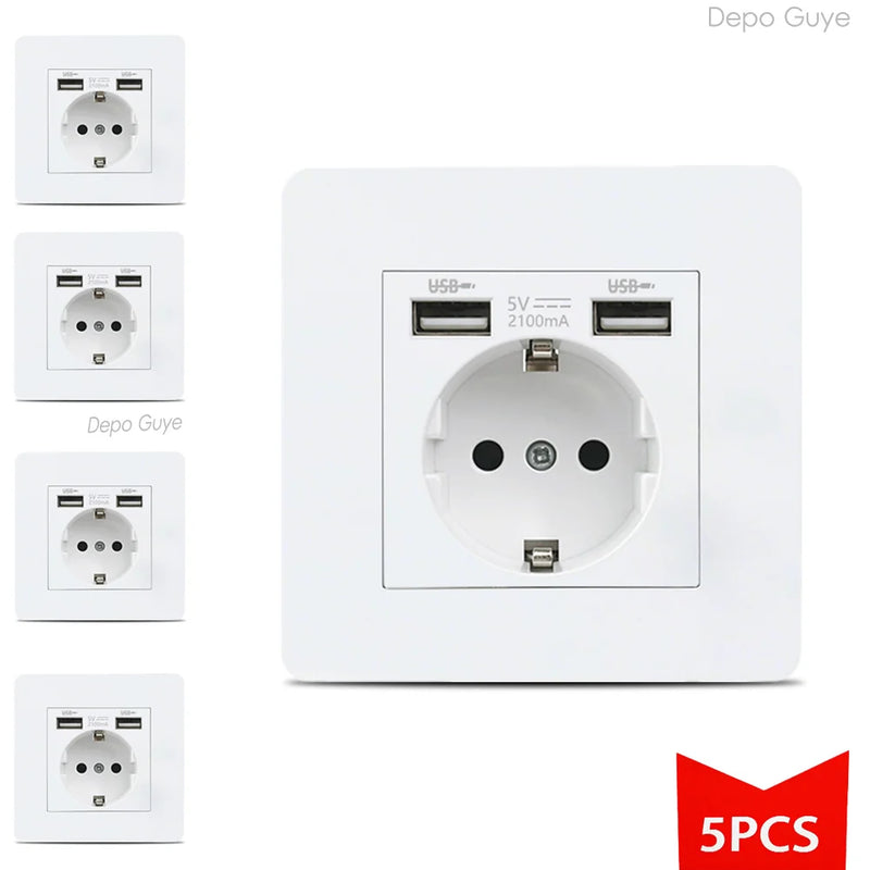 EU FR Power Socket ,Socket With Usb Charging Port and Type c White Stainless Steel Panel Russia Spain Wall Socket 5/10 PCS