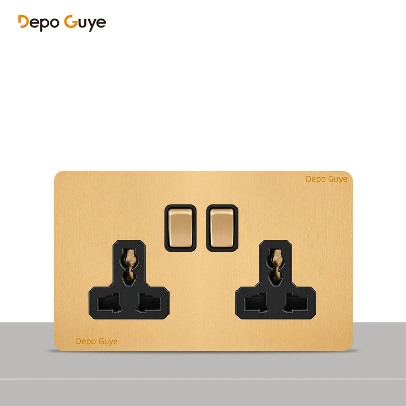 146 Type Retro Metal Panel UK 13A Wall Socket,Bronzed Stainless Steel Power Universal 3-pin Dual Power Socket With USB C charge