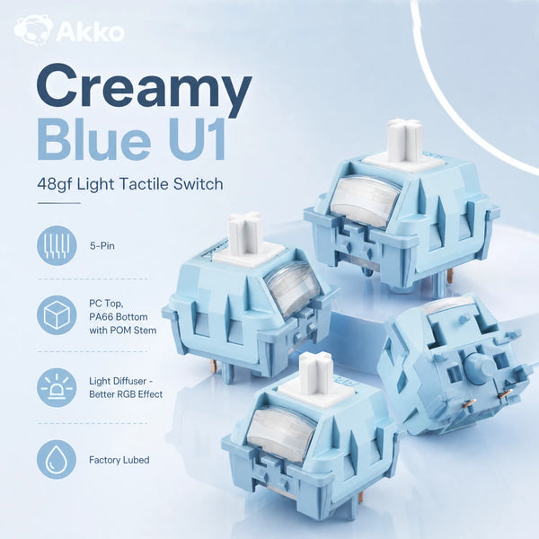 Akko Creamy Blue U1 48gf Tactile Switch Factory-lubed Light 5Pins Hot-swappable MX Switch Mechanical Keyboard Accessories 100pcs