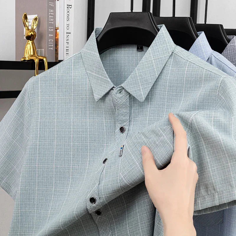 Mens Casual Plaid Short Sleeve Shirt Breathable Light Fabric Turn Down Collar Tops For Spring Summer Daily Wear