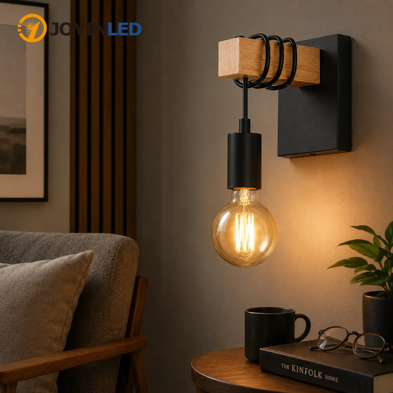JOYINLED Vintage Wooden Wall Lamp 1/2PCS Rustic E27 Wall Sconce Indoor Lighting Fixture for Living Room Bedroom Stair Hallway