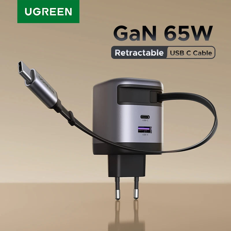 UGREEN 65W GaN Charger With Retractable USB C Cable For iPhone 18 17 Pro Samsung Xiaomi Laptop Macbook Tablet PD Fast Charger