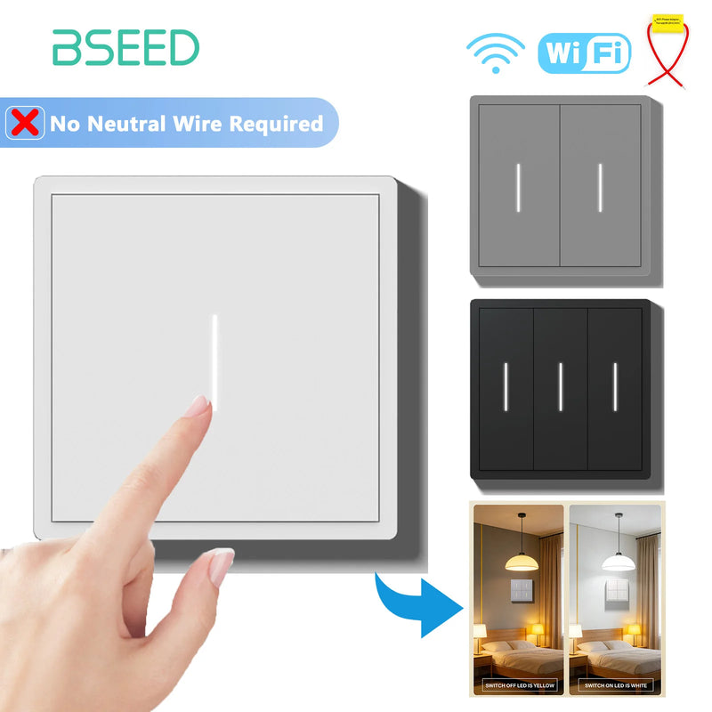 BSEED WIFI Button Light Switch 1/2/3/4Gang Smart Switch Plastic Frame Tuya Smart Life Alexa Voice Control Without Neutral Line