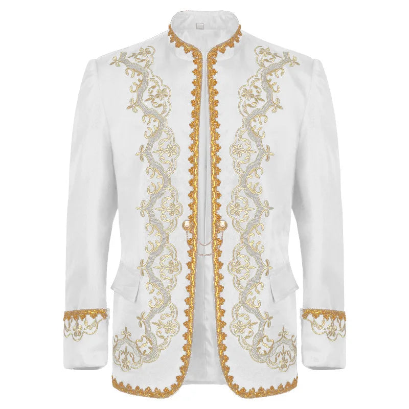 Vintage-style Men's Black Long-sleeve Stand-up Collar Jacket with Gold Embroidery, Perfect for Weddings, Parties, and Cosplay.