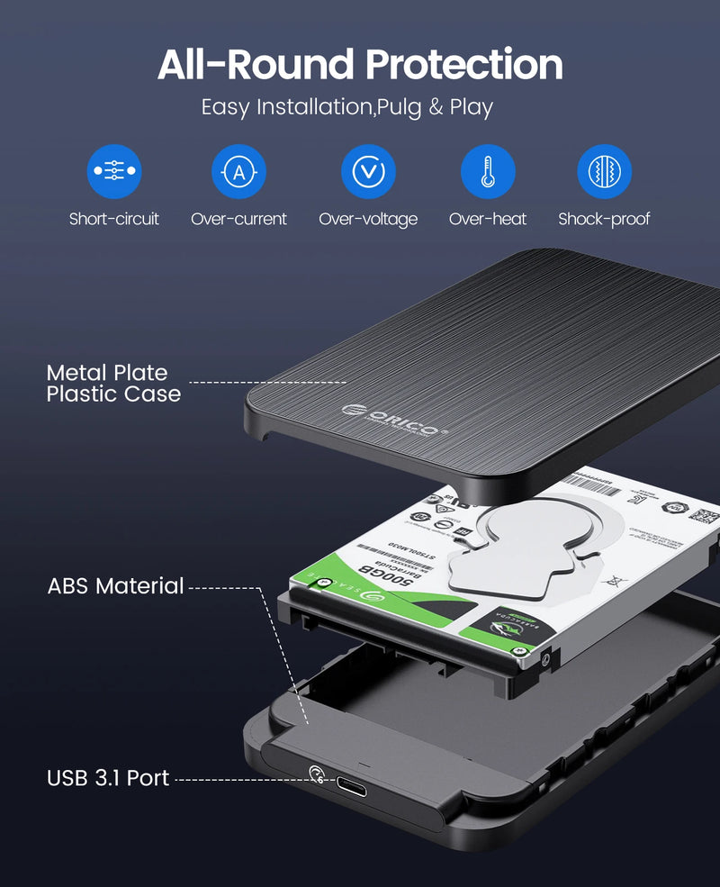 ORICO 6Gbps HDD Case 2.5 inch SATA to USB 3.1 Hard Drive Enclosure Compatible 7mm-9.5mm 2.5" SATA III / II / I HDD and SSD Box
