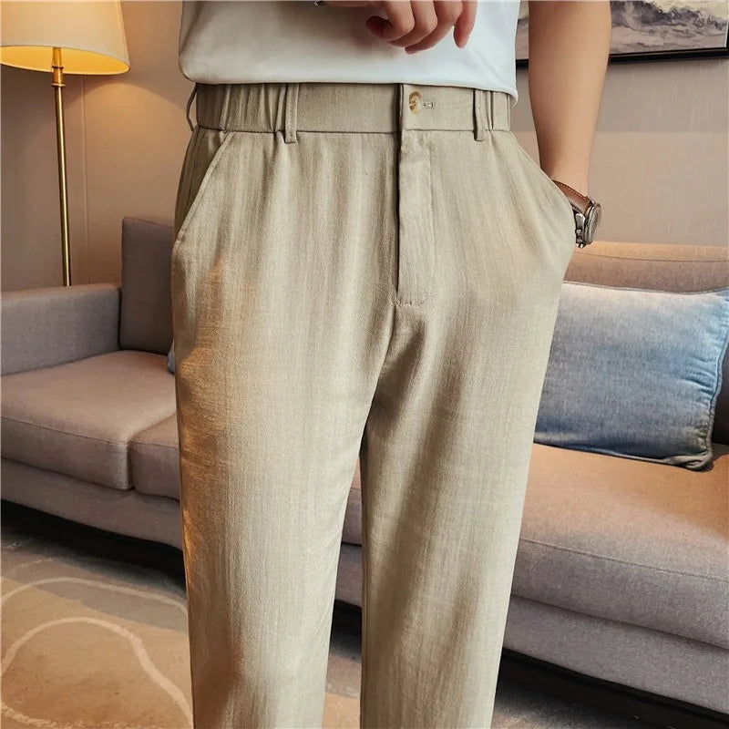 Men's Old Money Style Linen Blend Cropped Trousers – Breathable, Lightweight & Wrinkle-Resistant Straight-Leg Pants for Summer