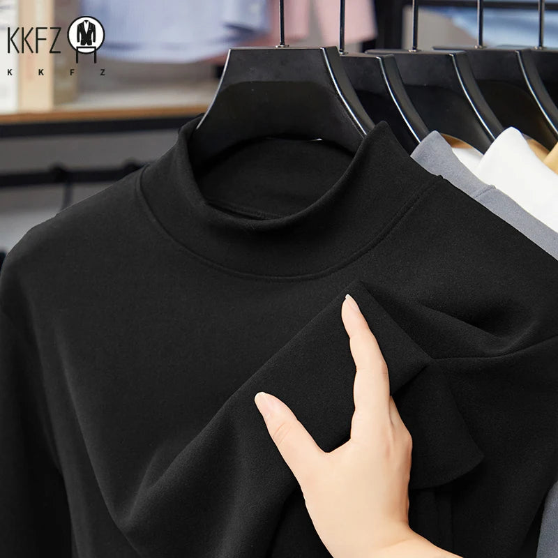 Mens Slim Mock Neck Base Shirts Light Warm Brushed Fabric Stretch Long Sleeve Tops For Daily Casual And Outer Matching