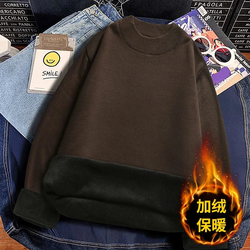 Male Everyday Wear Knitted Pullover Mock Collar Thick Fleece Lining Long Sleeve Warm Sweater For Chilly Weather