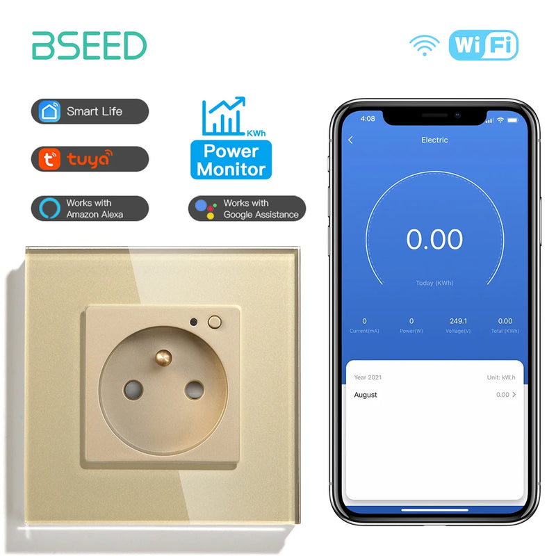 BSEED French Standard Electrical Wifi Smart Socket French Type Power Monitor Timing Function Tuya Alexa Wireless Control 16A