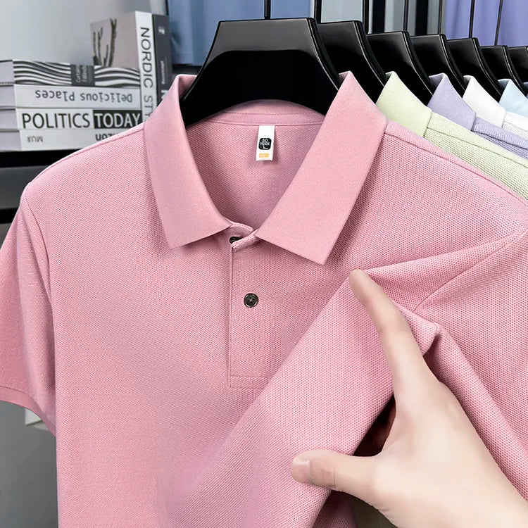 Men 100% Mercerized Cotton Polo Shirt Solid Short Sleeve Casual Business Tops Odor Resistant Premium 205g Summer