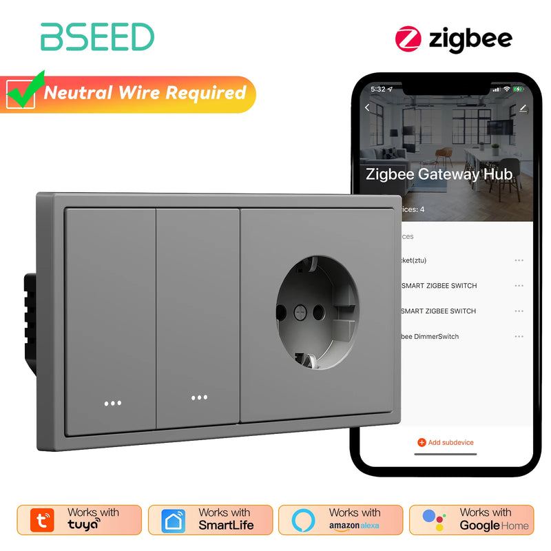 BSEED Zigbee Click Switch 1/2/3/4Gang Smart Button Light Switch With EU Power Socket Plastic Frame Tuya Smart Life Alexa Control